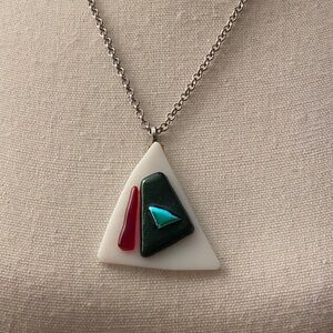 Handmade Triangular Glass Pendant Necklace with Red, Green, and Teal Accents